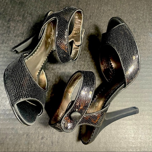 BNWT Premium Bp Black satin & sequins open toe strappy heeled sandals 5.5M TTS - Picture 7 of 13